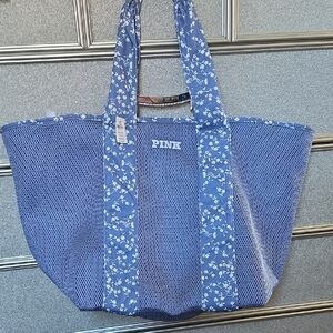 PINK Victoria's Secret Blue Floral-Trim Mesh Tote
